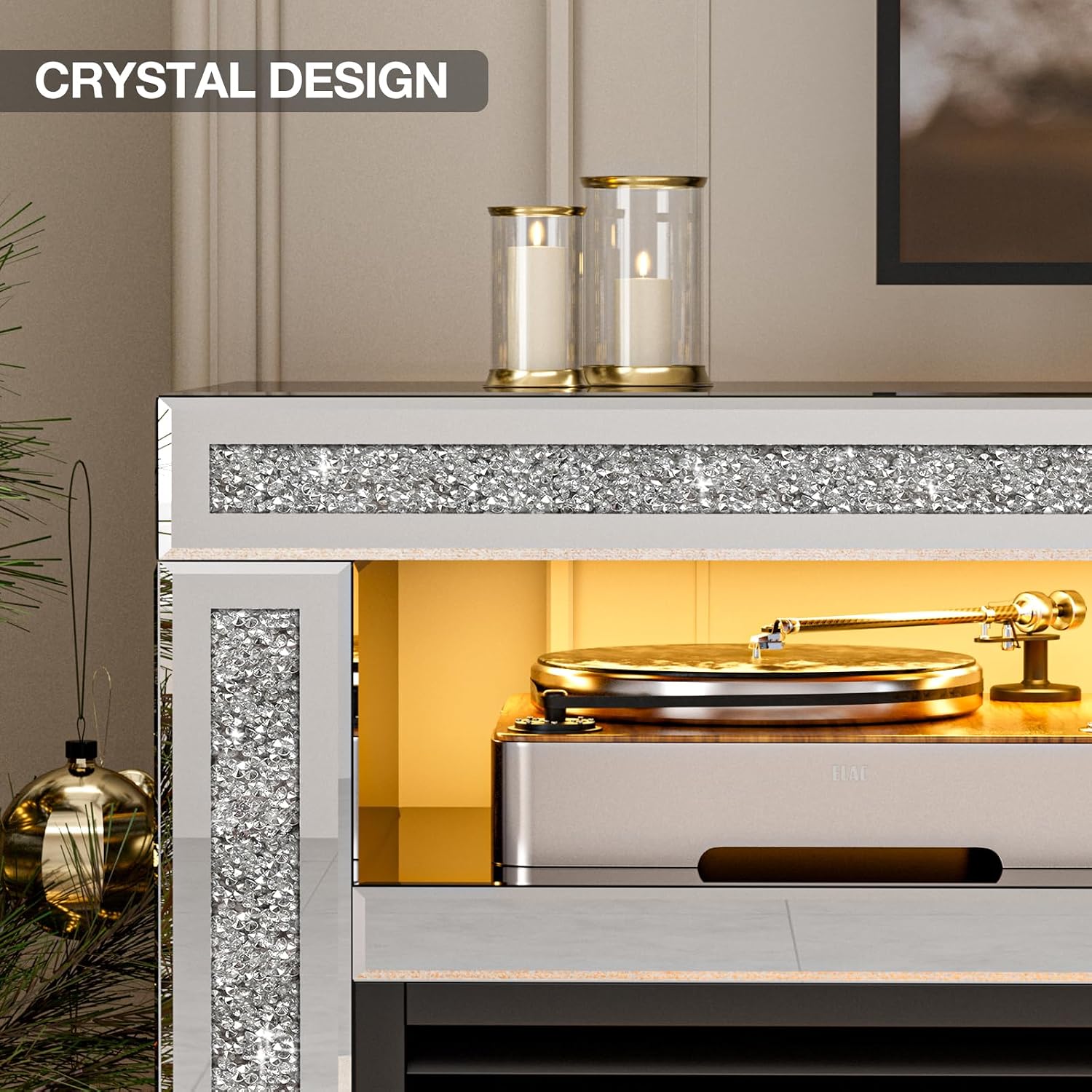 IKIFLY Mirrored Fireplace TV Stand for 65+ inch TV, Silver TV Console Table with Crushed Diamond and LED, Modern Media Entertainment Center for Living Room Remote Control