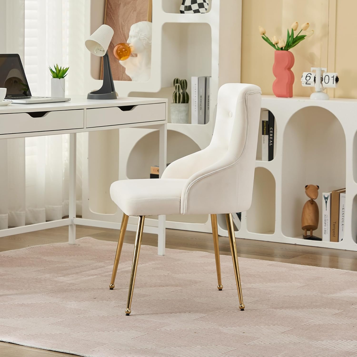 Velvet Vanity Chairs with Back, Upholstered Makeup Chair No Wheels with Metal Legs & Lumbar Pillow for Living Room/Makeup Room/Bedroom/Home Office/Kitchen
