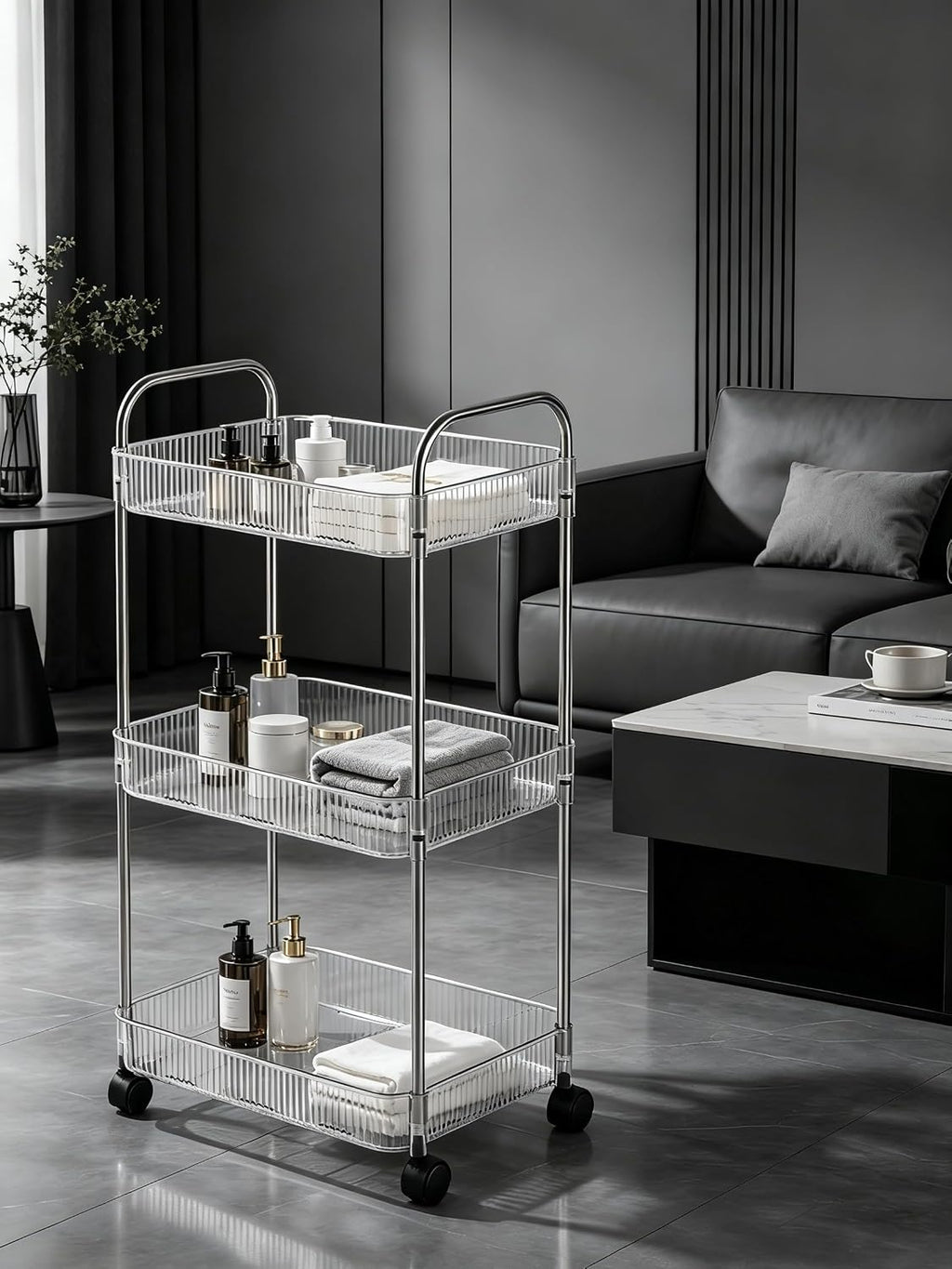 Sooyee Clear 3-Tier Plastic Rolling Utility Cart with Wheels, Multi-Functional Storage Trolley for Office, Living Room, Kitchen, Movable Storage Organizer with Wheels