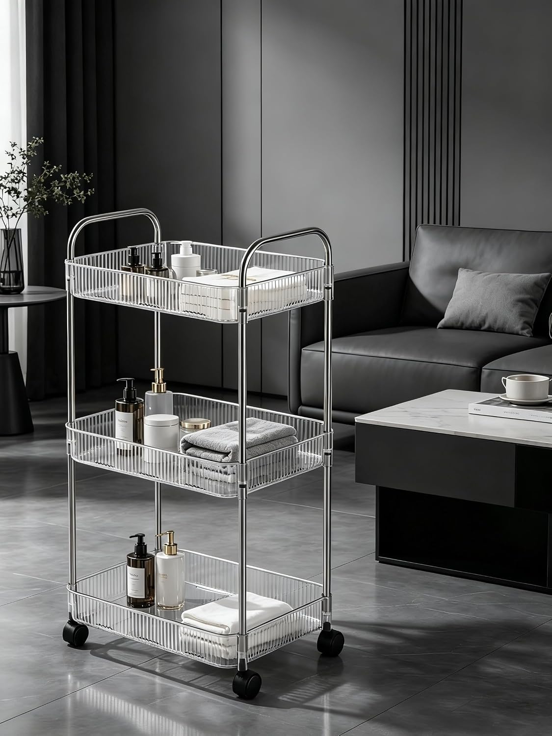 Sooyee Clear 3-Tier Plastic Rolling Utility Cart with Wheels, Multi-Functional Storage Trolley for Office, Living Room, Kitchen, Movable Storage Organizer with Wheels