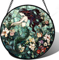 Stained Glass Window Hanging - Teal Sleeping Mermaid Suncatcher for Door Terrace Garden Home Decor, Sea of Flowers Sun Catcher Birthday Gifts for Lovers Women Men Dad Mom Nana 15 in