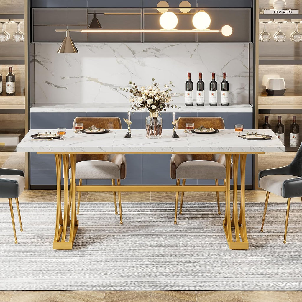 Tribesigns 63-Inch Rectangular Dining Table for 4 to 6, Modern Kitchen Table with Stylish Metal Legs, Large Dinner Tables for Dining Room, Only Table (Faux Marble White+Gold)