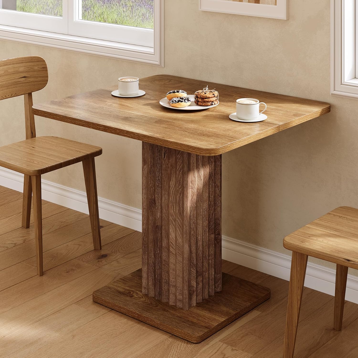 LITTLE TREE Dining Table, 35.43" L x 31.5" W Small Kitchen Table, Small Dining Table for 2-4 People with Fluted Base, Modern Farmhouse Dinner Table for Dining Room Kitchen Living Room