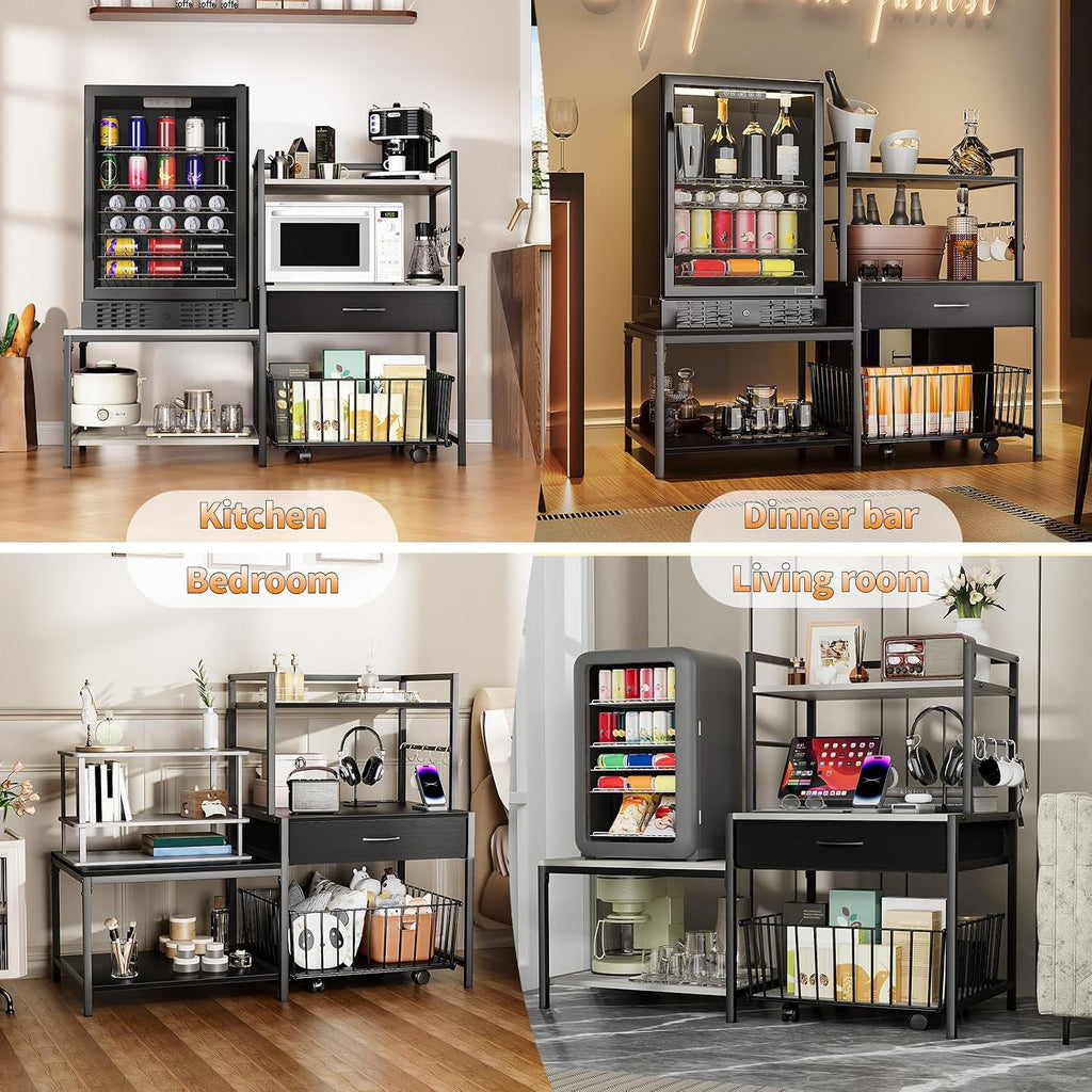 kepptory Mini Fridge Stand with Storage, Mini Refrigerator Stand with Power Outlet, Wine Fridge Table with Movable Storage Basket, Heavy Duty Beverage Refrigerator Table for Dorm Home Use, Gray