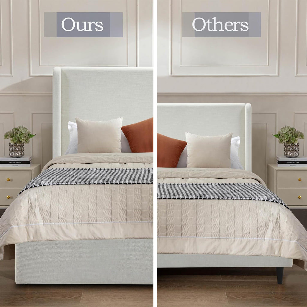 LUMISOL Queen 54” Tall Headboard Wingback Upholstered Platform Bed Frame, Modern Bed Frame Without Wooden Slats, Box Spring Request, Easy Assembly, Ivory