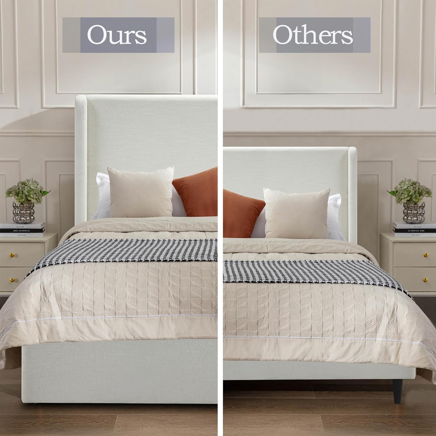 LUMISOL Queen 54” Tall Headboard Wingback Upholstered Platform Bed Frame, Modern Bed Frame Without Wooden Slats, Box Spring Request, Easy Assembly, Ivory
