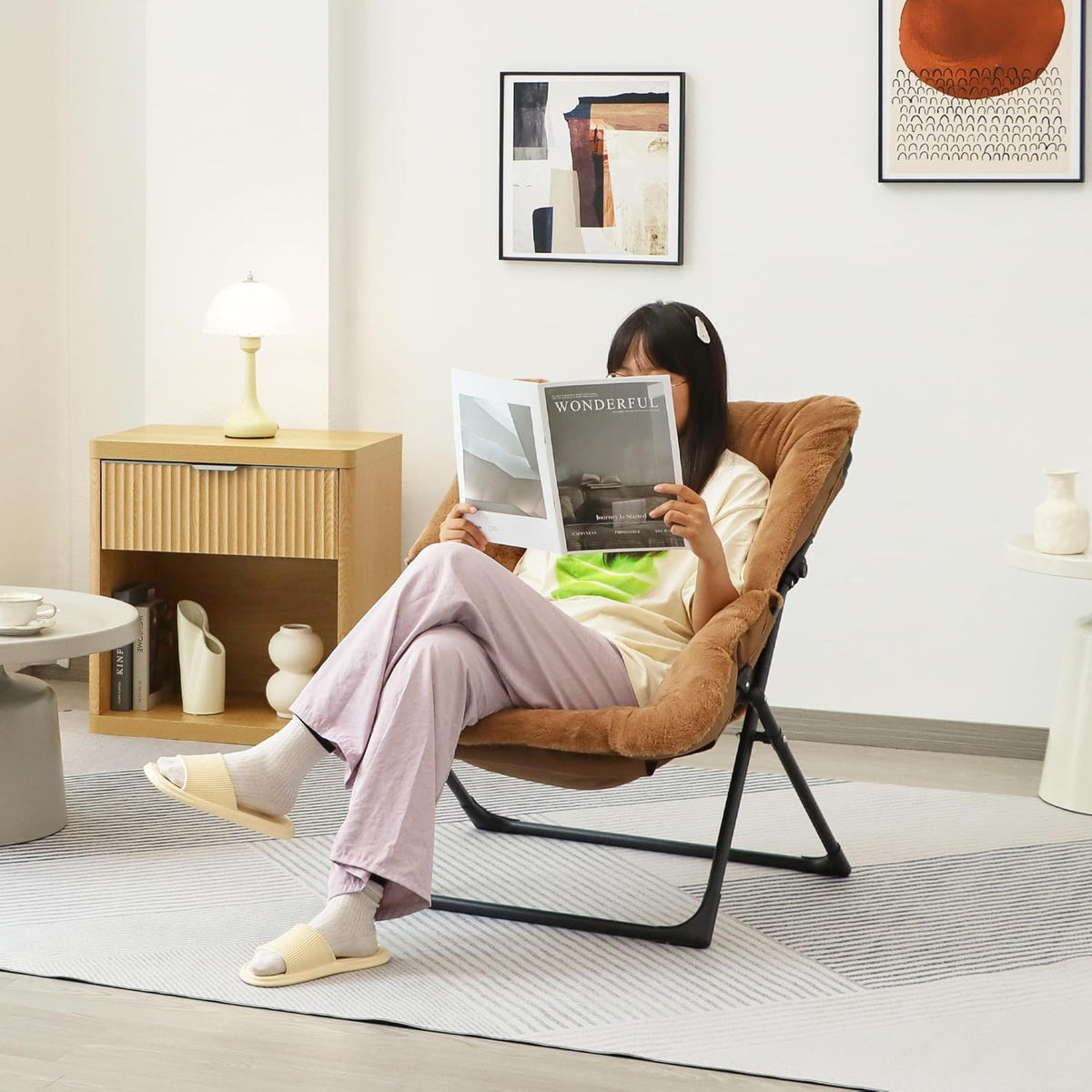 Comfy Saucer Chair for Adults, Set of 2, Soft Faux Fur Bedroom Chair, Accent Dorm Chairs, Flexible Living Room Reading Chairs, Oversized Folding Lounge Seat for Teens, X-Large, Brown