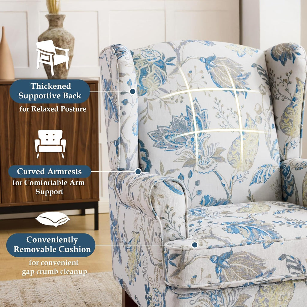 EROMMY Floral Accent Chair, Comfortable High Back Upholstered Armchair with Solid Wood Legs, Leisure Single Sofa Chair for Living Room, Home Office, Bedroom, Blue Floral