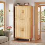 HUAHUU 71" Pantry Cabinet with Drawer, Kitchen Pantry Storage Cabinet with 4 Doors, Modern Curved Storage Cabinets with 10 Large Storage Spaces for Dining Room, Living Room, Oak