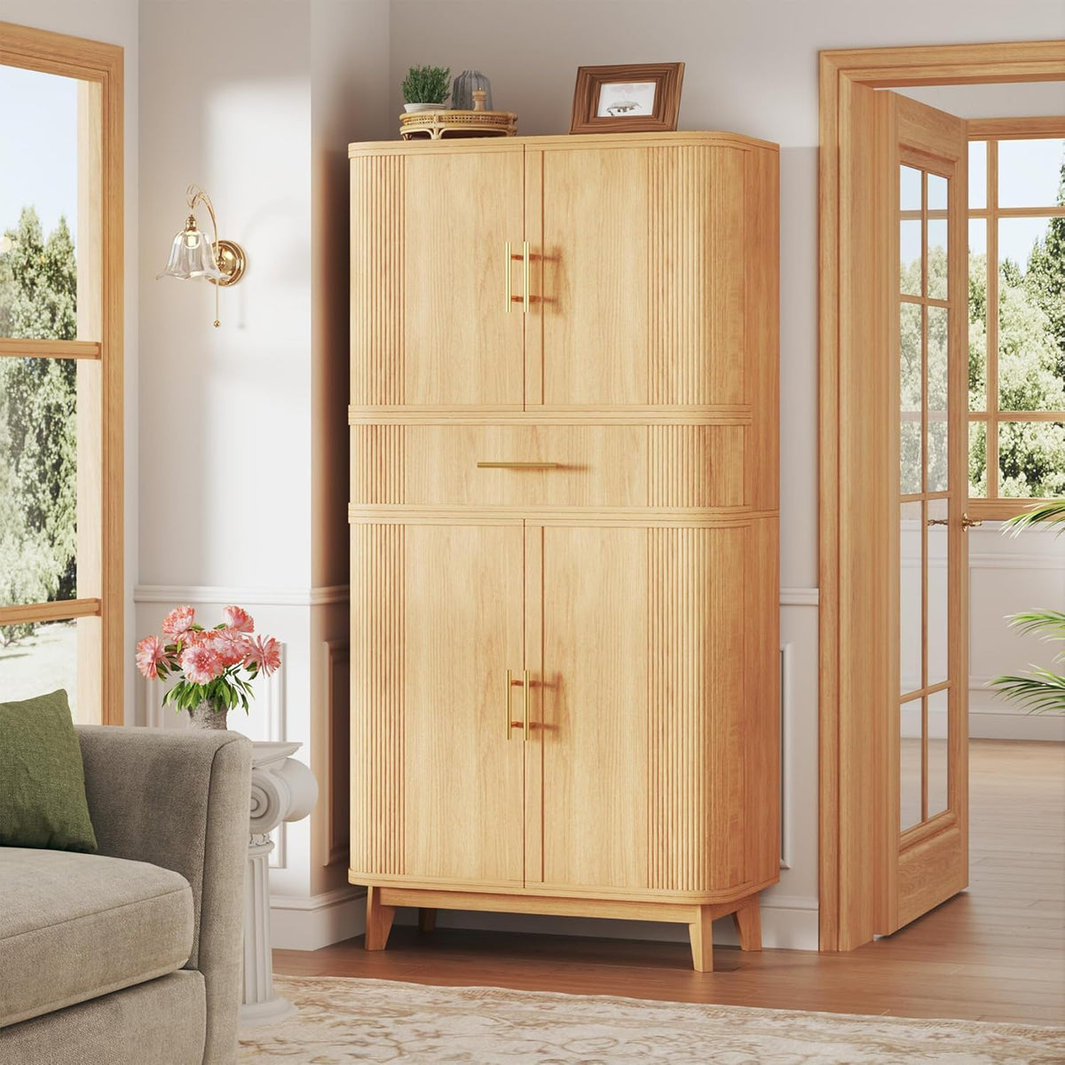 HUAHUU 71" Pantry Cabinet with Drawer, Kitchen Pantry Storage Cabinet with 4 Doors, Modern Curved Storage Cabinets with 10 Large Storage Spaces for Dining Room, Living Room, Oak