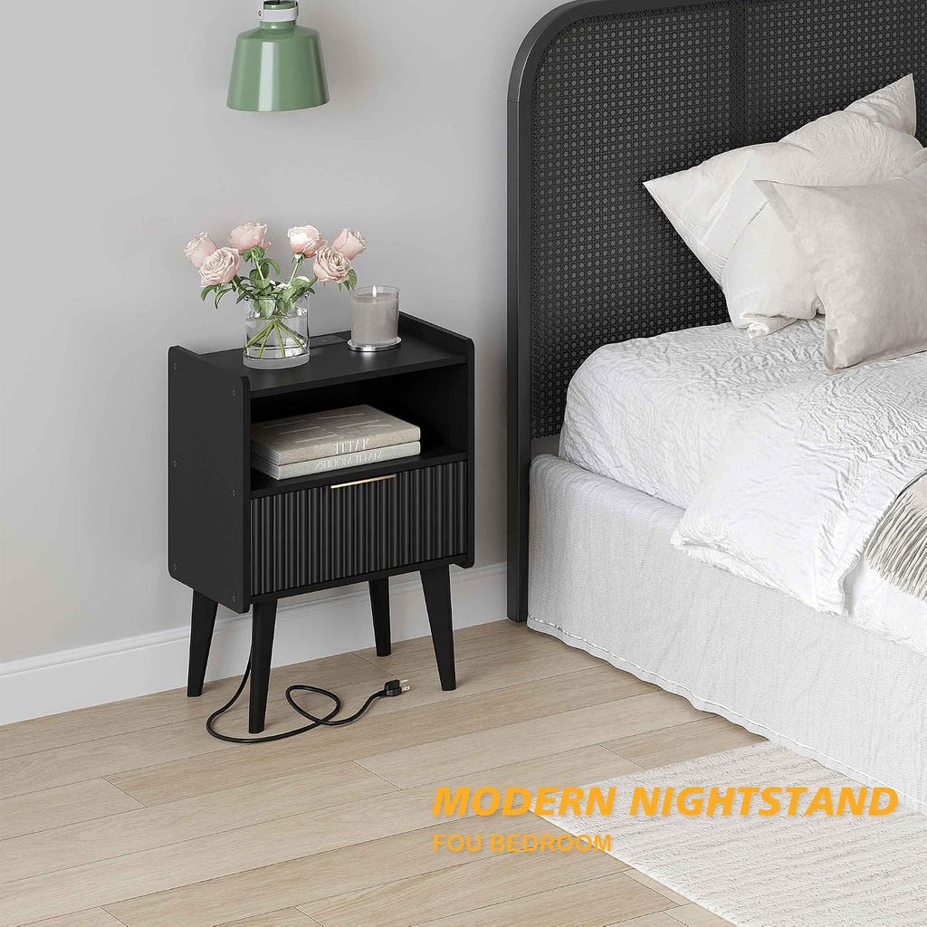 YAUKOMEL Fluted Nightstand with Charging Station, Modern Bedside Table with Drawer,Black Nightstand with Solid Wood Legs, End Table,Side Table for Living Room,Bedroom Black CTG57BKE
