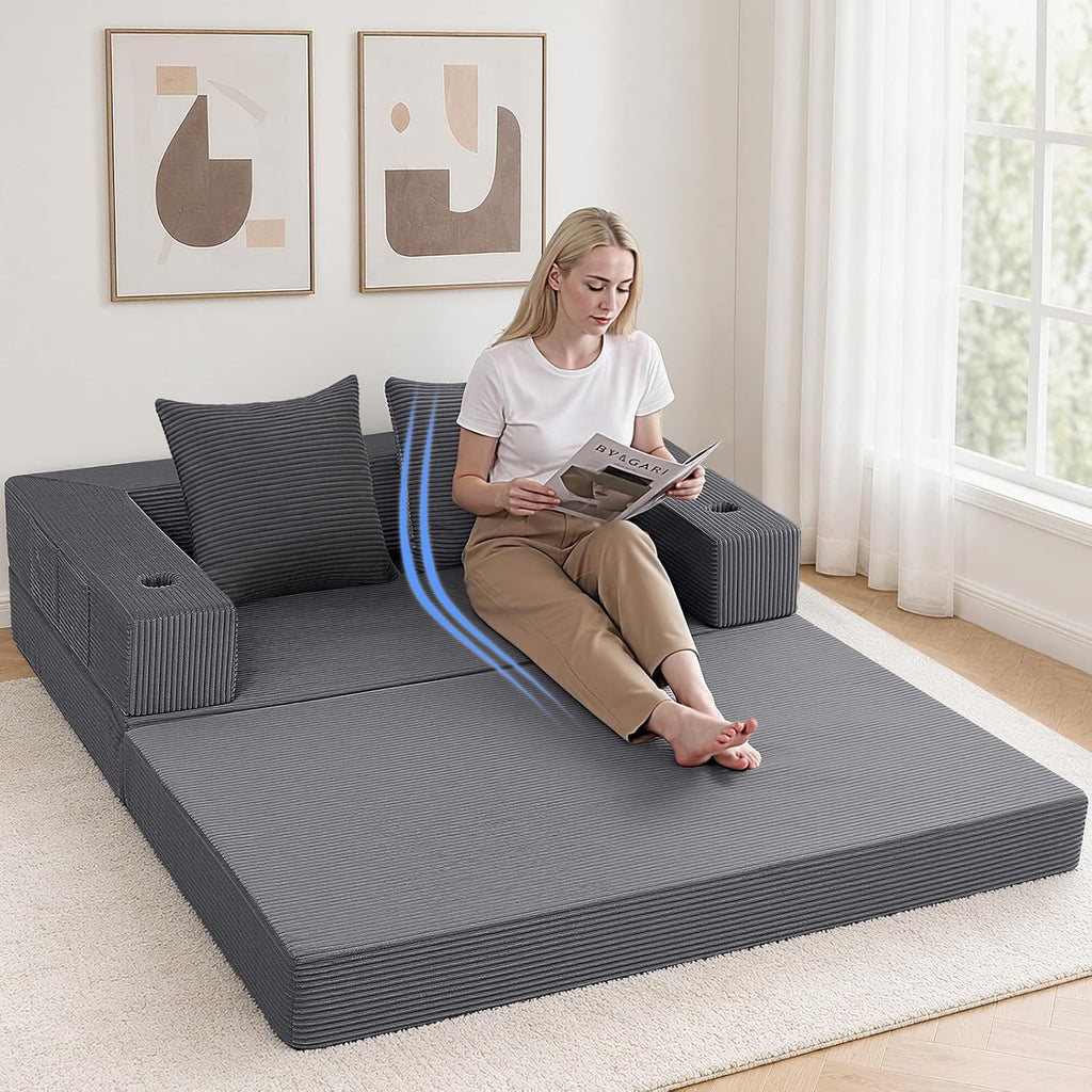 COMAX Futon Sofa Bed, Convertible Sofa Bed, Folding Couches | Low-Profile Small Couch for Living Room, 11.8" H Low Seat 59" Foldable Floor Sofa Lounge Space‑Saving