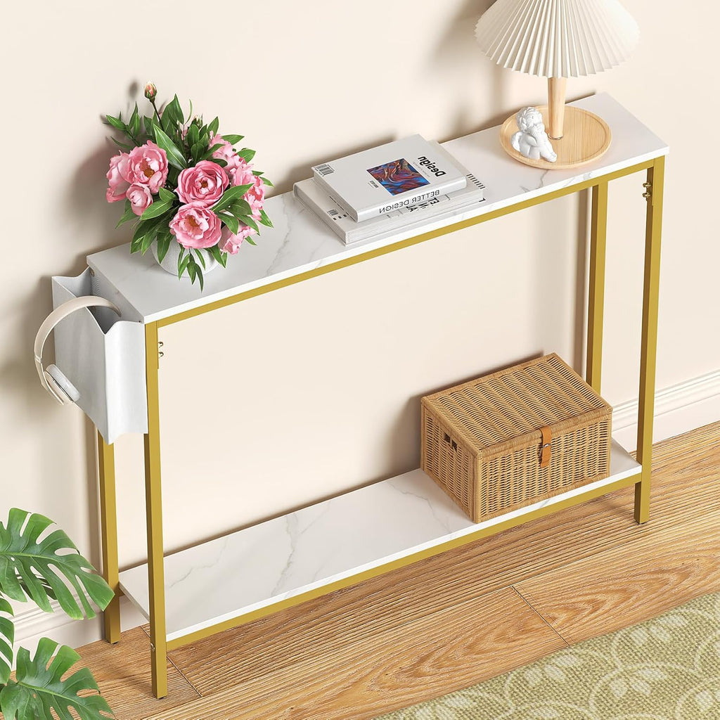 Bigbiglife 39.4" Console Entryway Table, 2-Tier Industrial Narrow Sofa Table with Storage Shelves for Hallway, Living Room, Bedroom, Foyer, Corridor, Office, Marble White and Gold