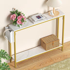 Bigbiglife 39.4" Console Entryway Table, 2-Tier Industrial Narrow Sofa Table with Storage Shelves for Hallway, Living Room, Bedroom, Foyer, Corridor, Office, Marble White and Gold