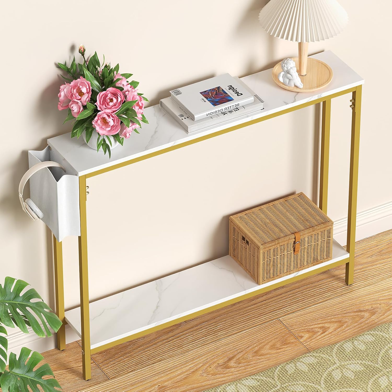 Bigbiglife 39.4" Console Entryway Table, 2-Tier Industrial Narrow Sofa Table with Storage Shelves for Hallway, Living Room, Bedroom, Foyer, Corridor, Office, Marble White and Gold