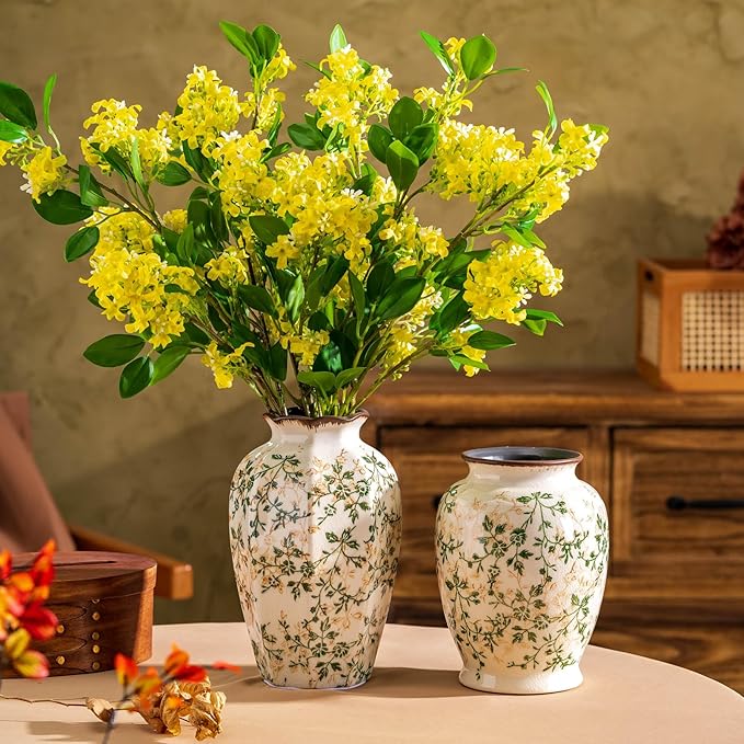 Vintage Green and Beige Vase, Round Ceramic Floral Vases, Retro Ice Cracked Chinoiserie Vase for Home Decor, Living Room, Bookshelf, Office, Grand Millennial Decor, Rustic Table Centerpiece 8 Inch
