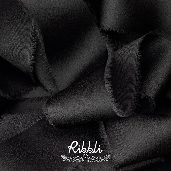 Ribbli Black Silk Satin Ribbon 1.5 Inch x 12 Yard Handmade Frayed Chiffon Ribbon with Wooden Spool for Gift Wrapping, Wedding Invitations, Bridal Bouquets & Home Decor