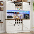 75”Tall 63"W Extra Large Farmhouse Kitchen Storage Pantry Hutch Cabinet w/Power Outlet,Pegboard,Coffee Bar Cabinets,LED Light,Microwave Shelf,Wine Rack,4 Barn Doors,2 Drawers, Dining Room,Black