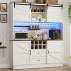 75”Tall 63"W Extra Large Farmhouse Kitchen Storage Pantry Hutch Cabinet w/Power Outlet,Pegboard,Coffee Bar Cabinets,LED Light,Microwave Shelf,Wine Rack,4 Barn Doors,2 Drawers, Dining Room,Black