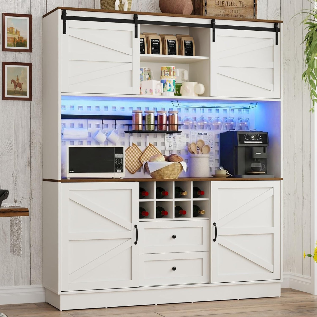 75”Tall 63"W Extra Large Farmhouse Kitchen Storage Pantry Hutch Cabinet w/Power Outlet,Pegboard,Coffee Bar Cabinets,LED Light,Microwave Shelf,Wine Rack,4 Barn Doors,2 Drawers, Dining Room,Black
