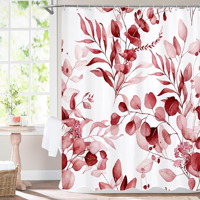MitoVilla Red Spring Floral Shower Curtain, Modern Plants Botanical Fabric Cloth Shower Curtains for Chic Elegant Bathroom Decor, Summer Watercolor Eucalyptus Leaf, 72x72