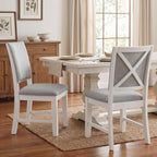 Farmhouse Dining Chairs Set of 2 Upholstered Kitchen Chairs with Cross Back Armless Wooden Side Chairs for Dining Room, Living Room, Reception (Grey Linen + White Frame)