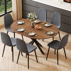 Round Dining Table Set for 6, 43-59" Extendable Dining Room Table Set, Walnut Wood Grain Table and 6 Dark Gray Linen Upholstered Chairs Set, Mid Century Modern Kitchen Table Set with Cross Legs