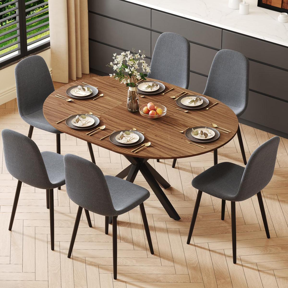 Round Dining Table Set for 6, 43-59" Extendable Dining Room Table Set, Walnut Wood Grain Table and 6 Dark Gray Linen Upholstered Chairs Set, Mid Century Modern Kitchen Table Set with Cross Legs