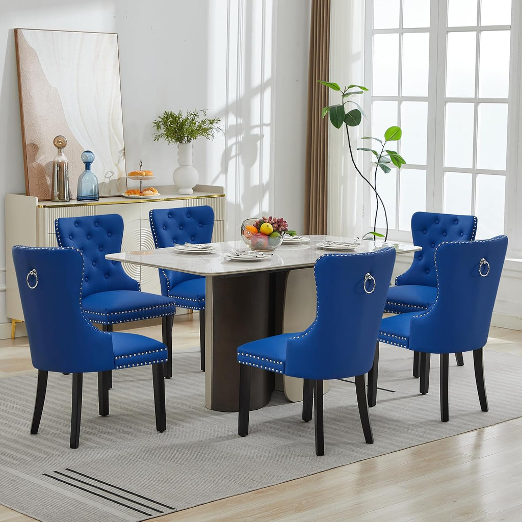 adochr PU Leather Dining Chairs Set of 2, Tufted Upholstered Dining Room Chair with Pull Ring & Solid Wood Legs, Blue