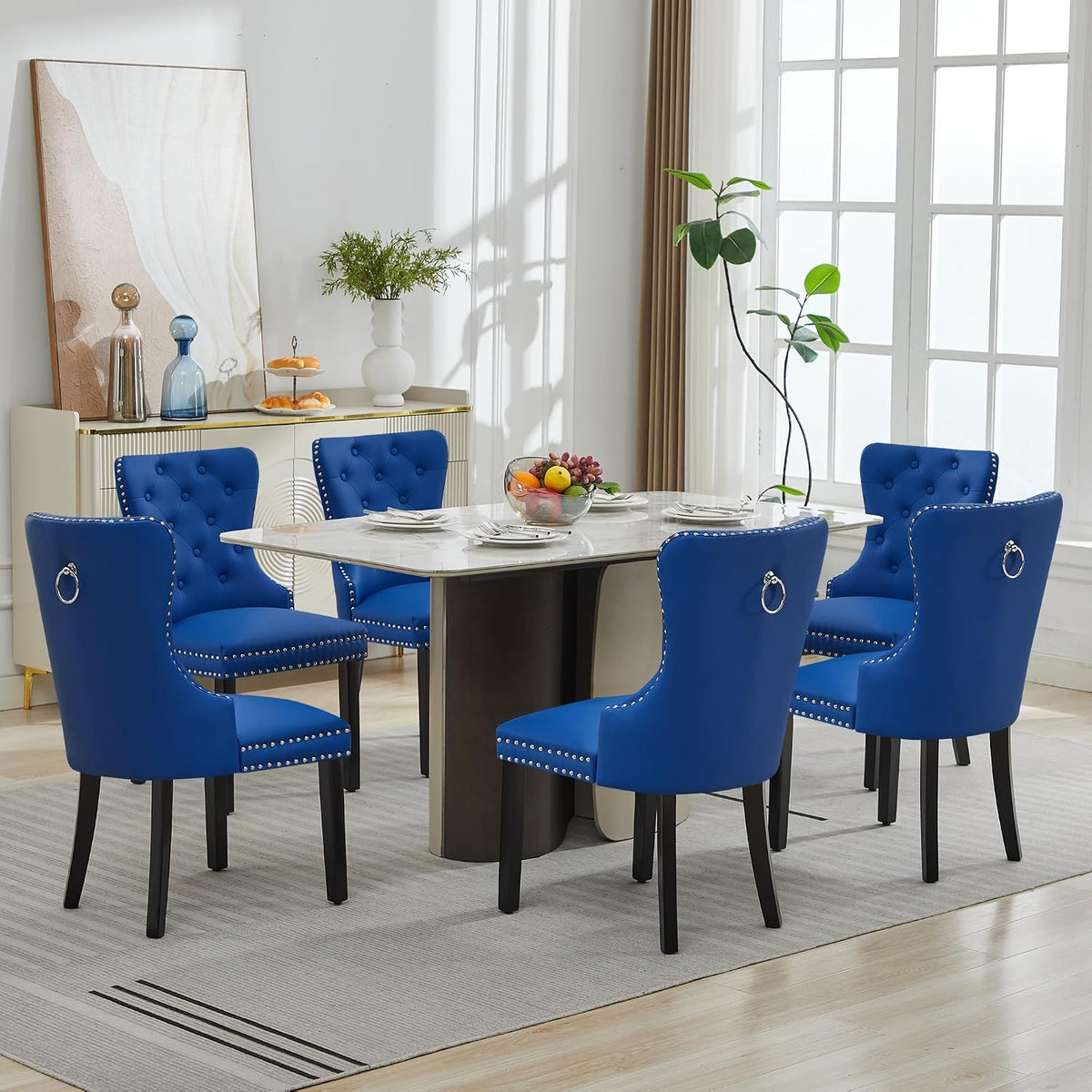 adochr PU Leather Dining Chairs Set of 2, Tufted Upholstered Dining Room Chair with Pull Ring & Solid Wood Legs, Blue