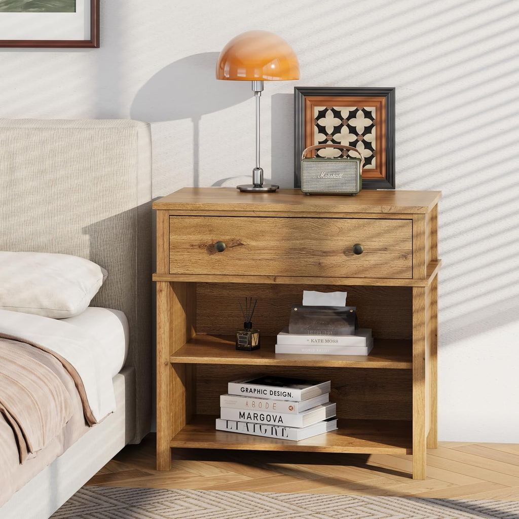 End Table with Drawer and 2 Tier Shelves, Wood Sofa Side Table for Living Room, Modern Nightstand Bedside Table for Bedroom, Small Console Table for Entryway, Hallway, Natural