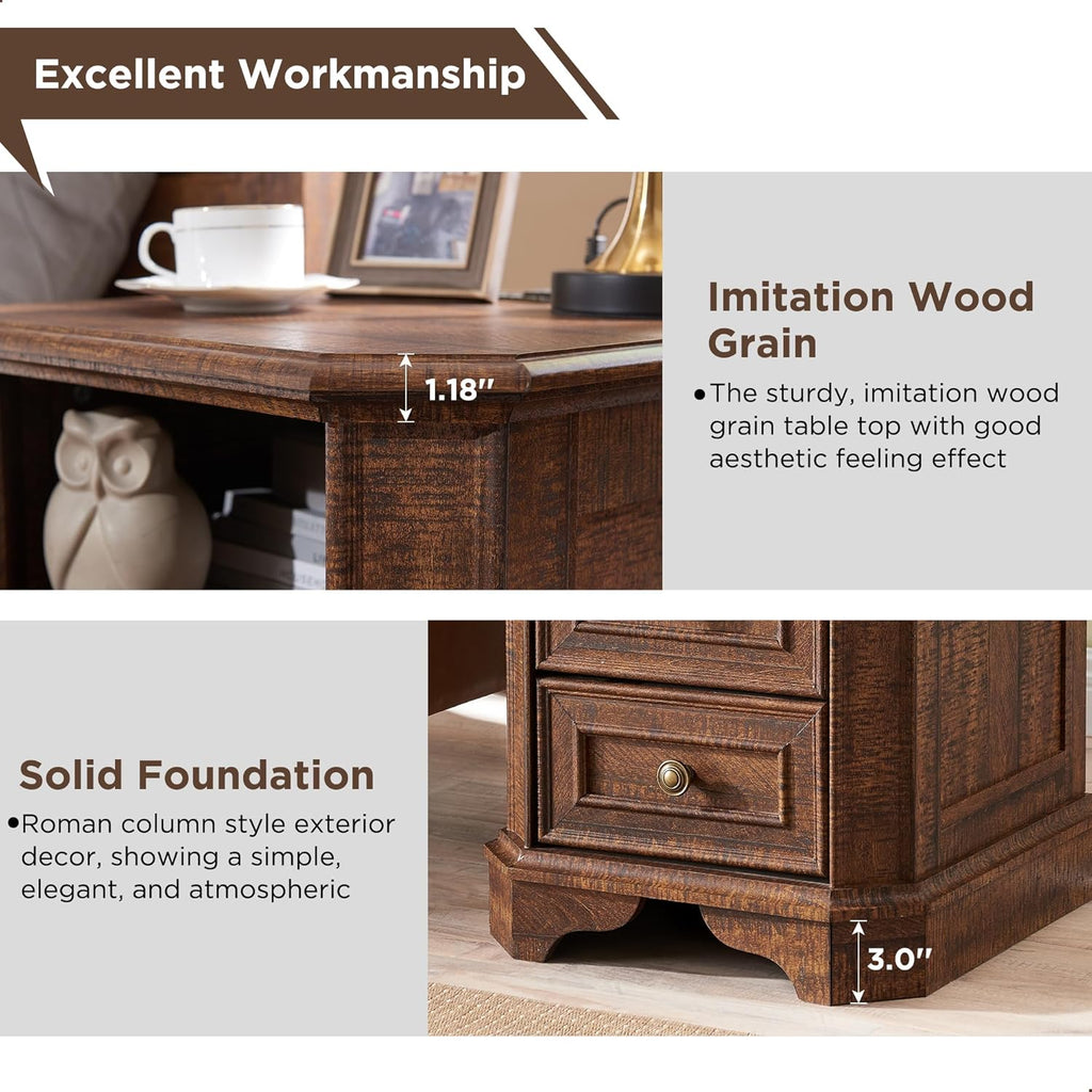 T4TREAM Farmhouse Nightstand Set of 2 with Charging Station, 18" End Table with 2 Drawers, Wood Side Table, Bedside Cabinet for Bedroom, Living Room (Brown)