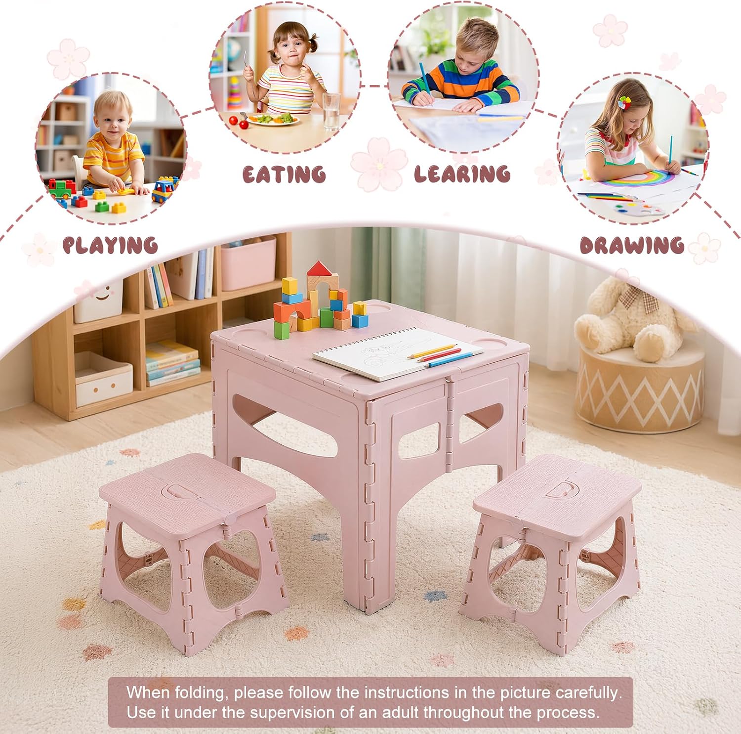 Kids Foldable Table and 2 Chairs Set, Portable Toddler Activity Table with Rounded Corners, PP Plastic Folding Picnic Set for Crafts, Snacks, Playroom, Patio, Indoor Outdoor Use