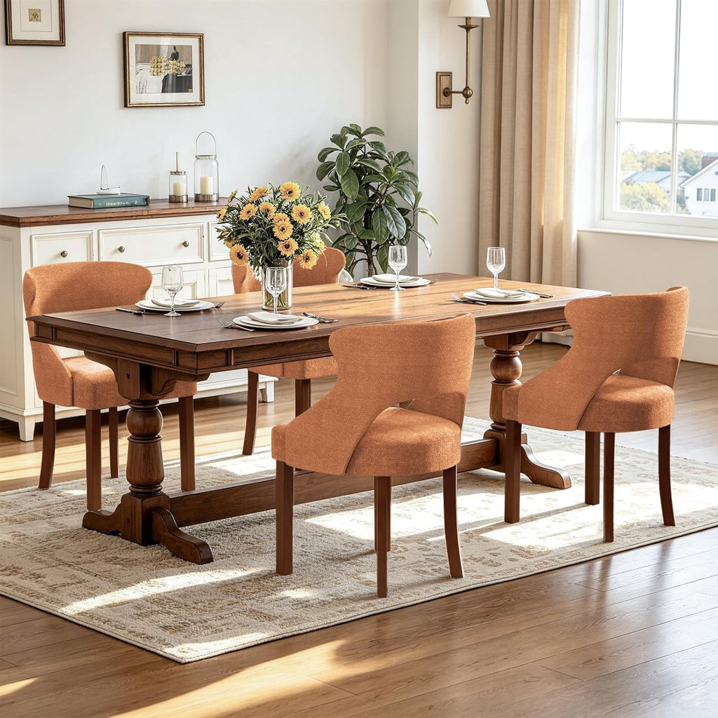 Wooden Dining Chairs Set of 4,Mid Century Modern Fabric Upholstered Dining Room Chair Kitchen Side Chairs with Solid Wood Legs,Farmhouse Dinner Chairs for Kitchen Dining Room,Orange