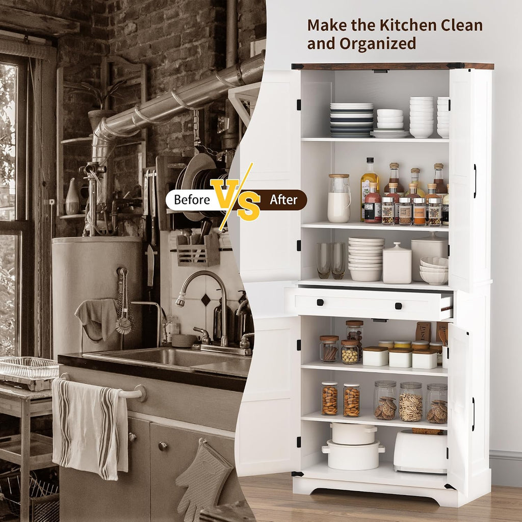 71" Tall Kitchen Pantry Storage Cabinet with Drawer & 4 Barn Doors, Freestanding Storage Cupboard with Adjustable Shelves, Large Capacity Floor Cabinet for Kitchen, Dining Room, Bathroom, White