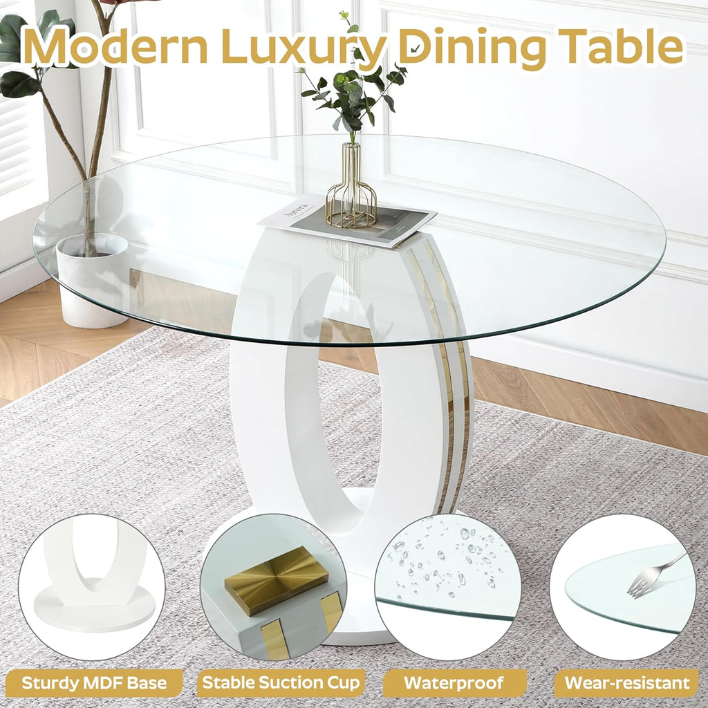 RGZ 39'' Modern Luxury Clear Glass Round Dining Table for 4-6, Glass Circle Top Kitchen Table with Elegant Gold Decorative Strips & White Base, Small Apartment Dinner Table for Home, Living Room