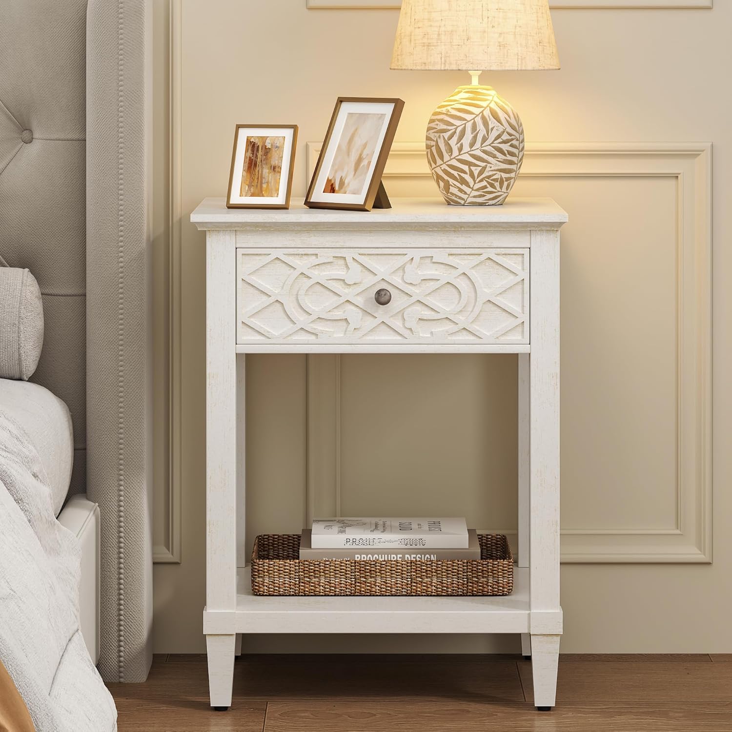 karlott 26" Farmhouse Night Stand with Pre-Assembled Drawers, Painted Bedside Table, Pine Leg and Solid Wood Frame Nightstand, Side Table End Table for Bedroom, Carved Pattern, Distressed White