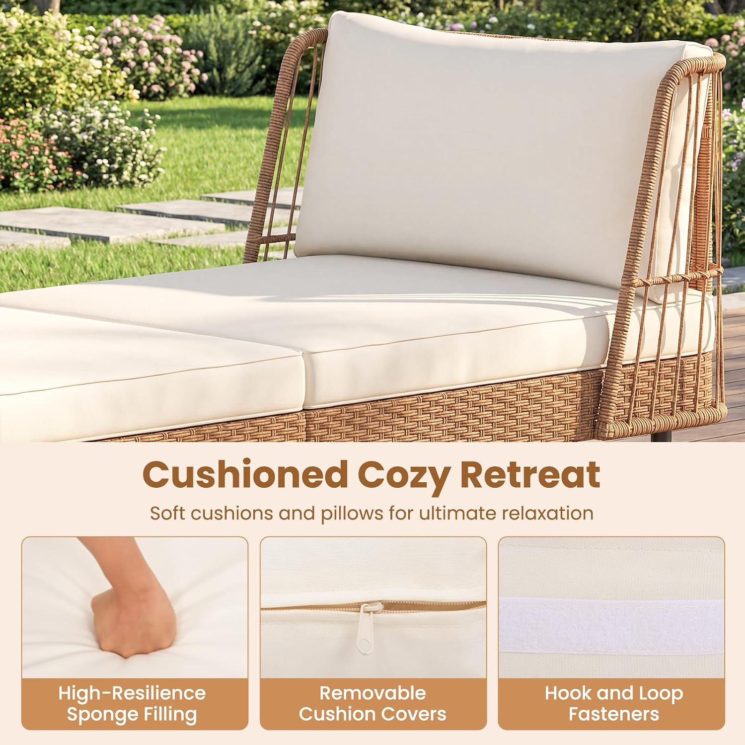 HAPPYGRILL Outdoor Wicker Daybed, Rattan Patio Couch Sofa Bed with Armrests, Cushions & Pillows, Boho 2-Seater Lounge for Porch, Backyard, Garden, Poolside (1)