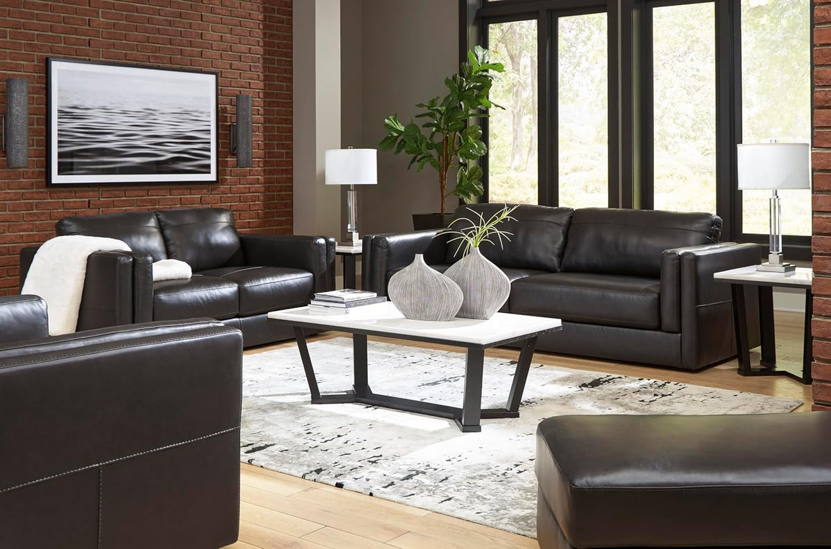 Signature Design by Ashley Amiata Black Leather and Faux Leather Ottoman, Fully Assembled Coffee Table Alternative, Rectangular Footrest Bench for Living Room, Onyx, 44" W x 24" D x 17" H