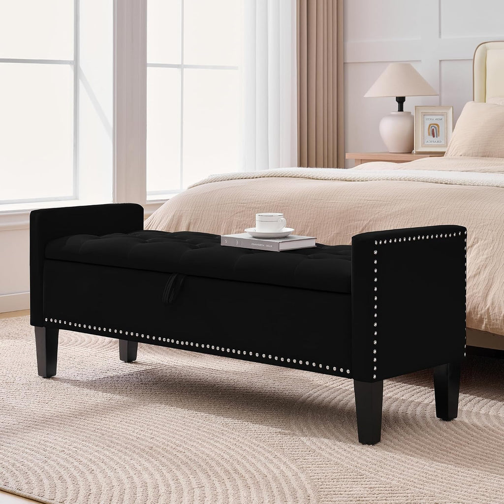 Storage Ottoman Bench, Velvet Upholstered Footstool for Bedroom and Living Room, Tufted Seat with Storage, Wooden Legs & Metal Rivets, Black