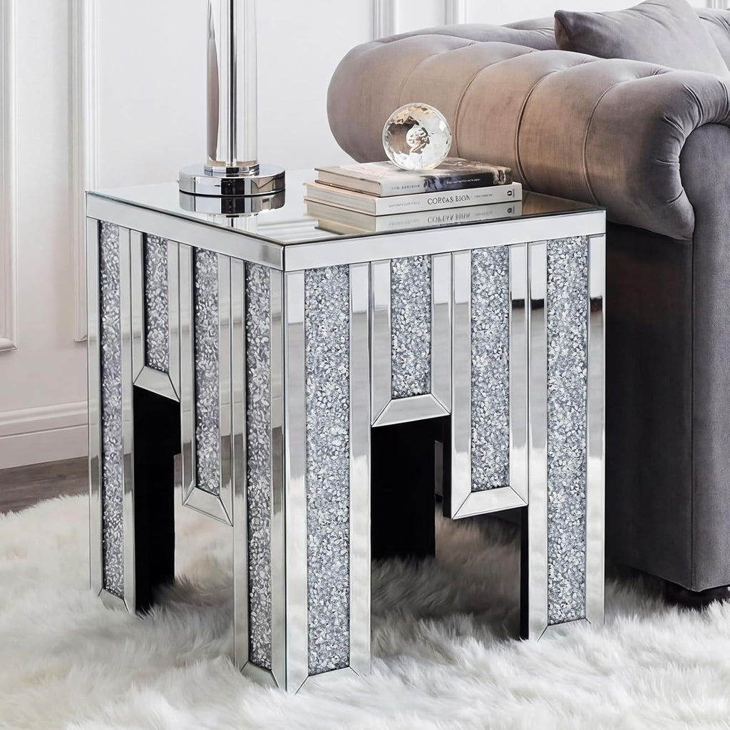 Crushed Diamond Side Table, Mirrored Accent End Table & Sofa Table for Living Room, Luxury Bling Crystal Nightstand, Fully Assembled Drop-Tested Packaging for Bedroom, Entryway