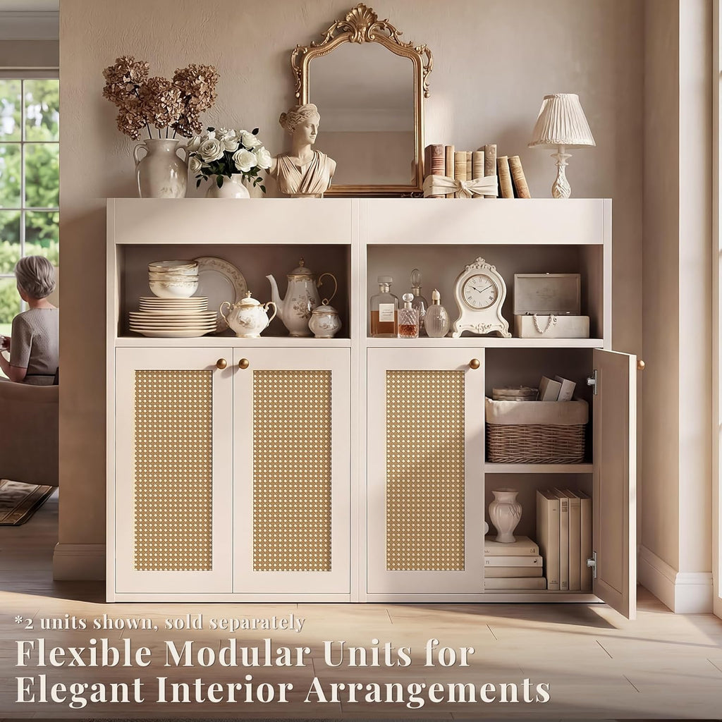 Rattan Bathroom Storage Cabinet, Freestanding Floor Organizer with Anti-Tip Devices and Adjustable Shelf, Kitchen Pantry for Living Room, Dining Room, White