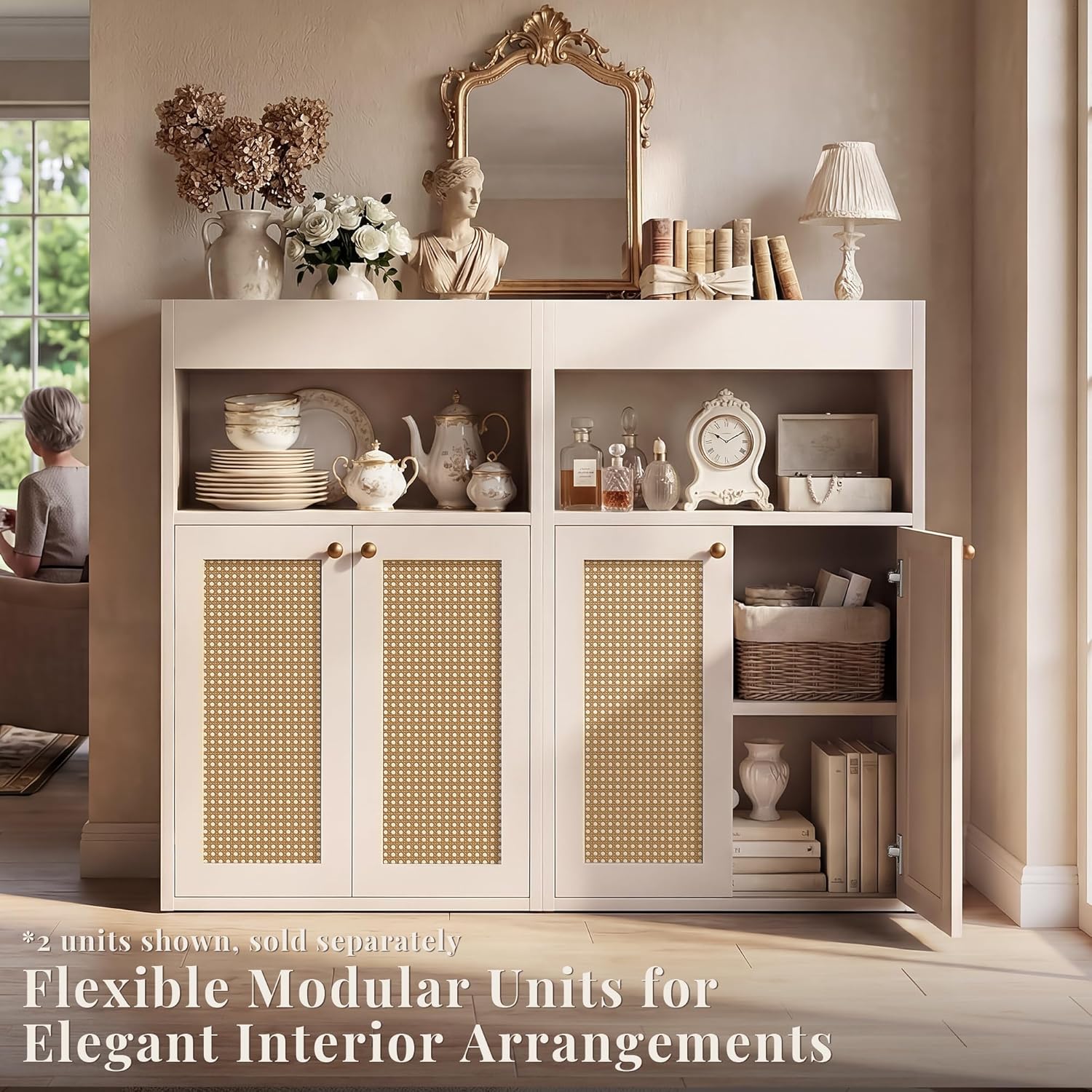 Rattan Bathroom Storage Cabinet, Freestanding Floor Organizer with Anti-Tip Devices and Adjustable Shelf, Kitchen Pantry for Living Room, Dining Room, White