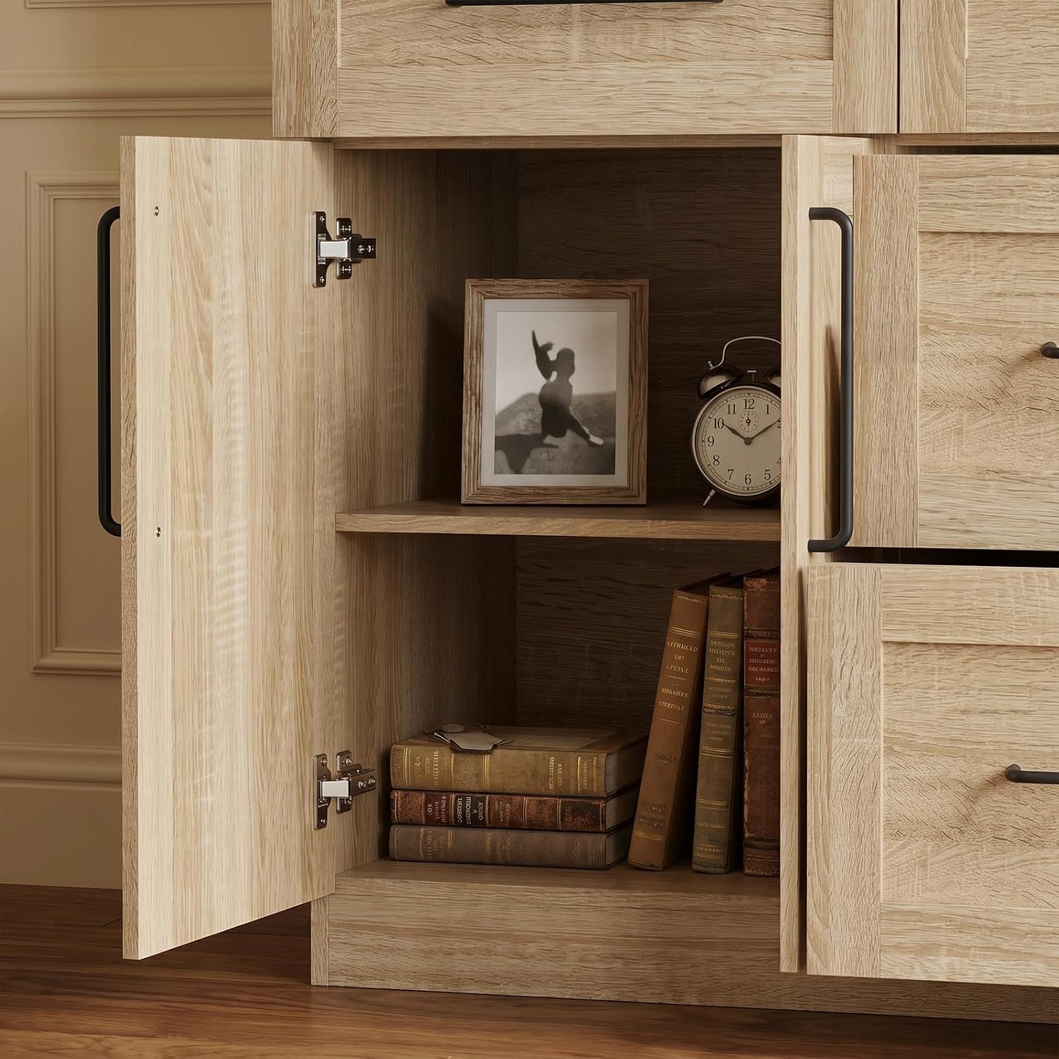 WOODTIME 102" H Kitchen Pantry with LED Light, Glass Doors, Shelves & 5 Drawers, Large Cupboard with Adjustable Shelves & White Countertop, Modern Display Storage Cabinet for Dining Room, Natural