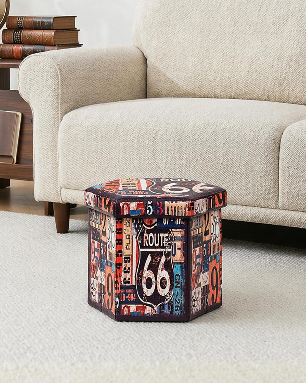 B FSOBEIIALEO Route 66 Storage Ottoman Hexagonal, Faux Leather Foot Rest Seat for Living Room, Storage Organizer 16.93"x15"x15"