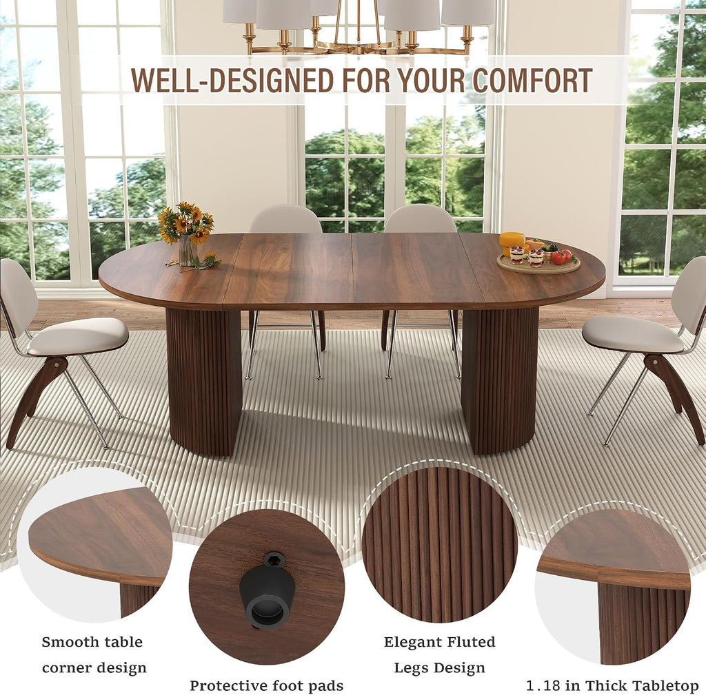 41 in-78 in Extendable Dining Room Table for 4-8, Round Expandable Kitchen Table with Fluted Base, Modern Farmhouse Oval Dinner Tables for Dining Room Kitchen Living Room (Walnut)