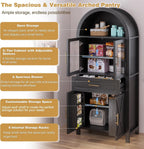 71" Tall Arched Kitchen Pantry Cabinet, Farmhouse Freestanding Food Pantry with Glass Door, Barn Door Design and Adjustable Shelves, Storage Cupboard for Kitchen, Living & Dining Room,Black