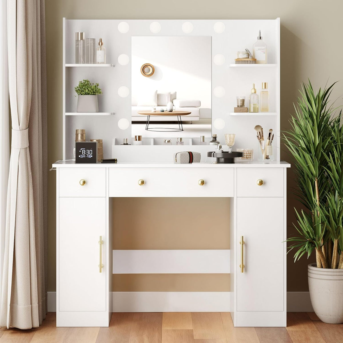 Wodeer Makeup Vanity Desk with Mirror and Lights, 43" White Vanity Set with 3 Drawers, Power Outlet & Adjustable RGB LED Lights, Dressing Table with Storage Shelf for Women & Girls Bedroom