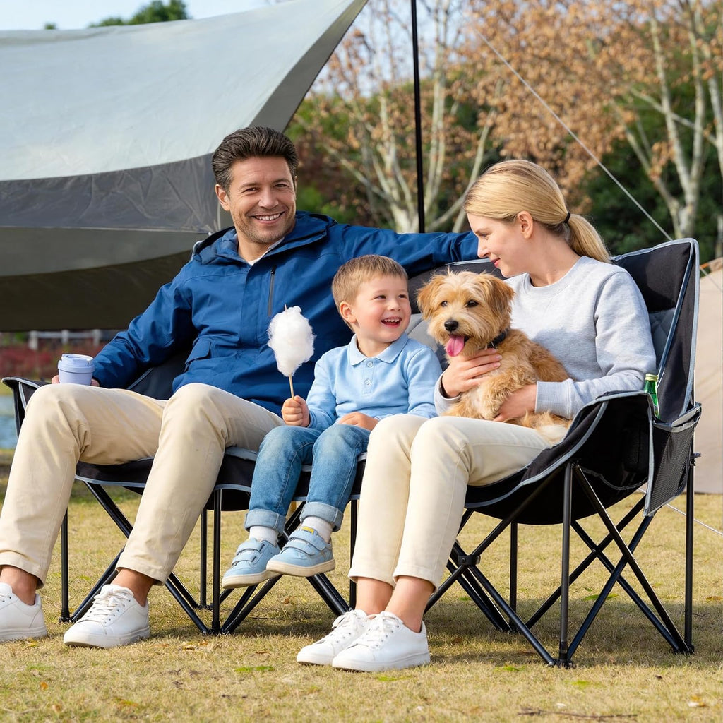 Padded 3 Person Camping Chair Oversized Camping Couch, Heavy Duty Folding Double Camping Chair, Extra Wide Camping Loveseat with Cup Holder & Side Pockets for Camping & Lawn, Supports 660LBS Black
