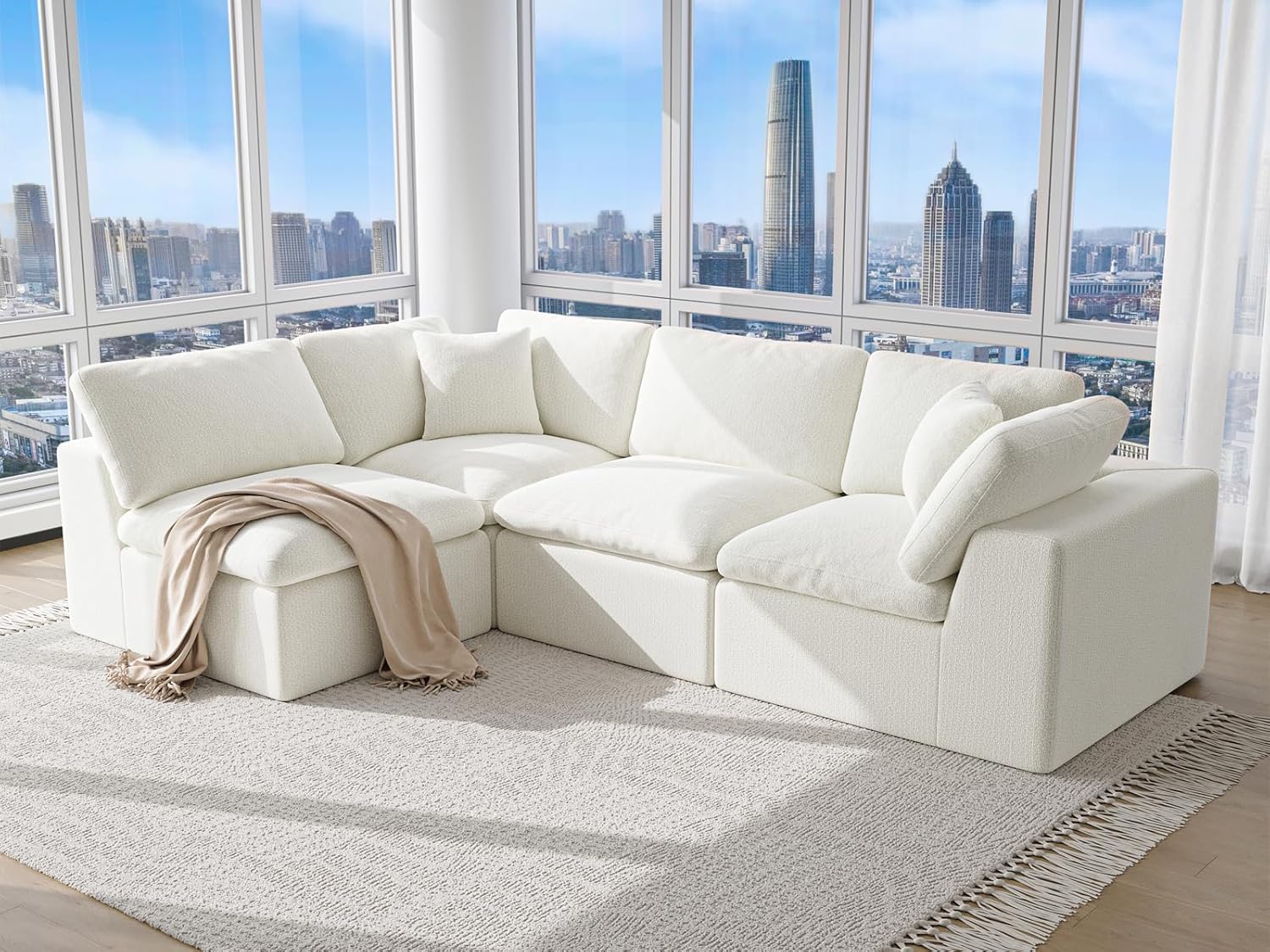 113” Cloud Couch 丨 Modular Sectional Couches for Living Room 丨 L Shaped Couch with Nice Back Support 4 Seater Warm White Chenille